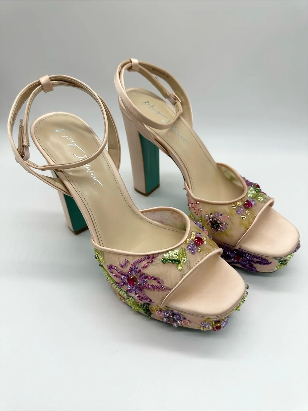 Betsey Johnson Viven Beaded Floral Platform Sandals Nude Teal Size 10 NWOB